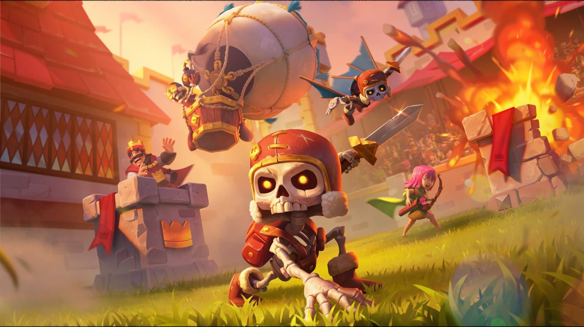 El Esqueleto Rey sobrevolando la arena en globo junto a sus tropas de Clash Royale