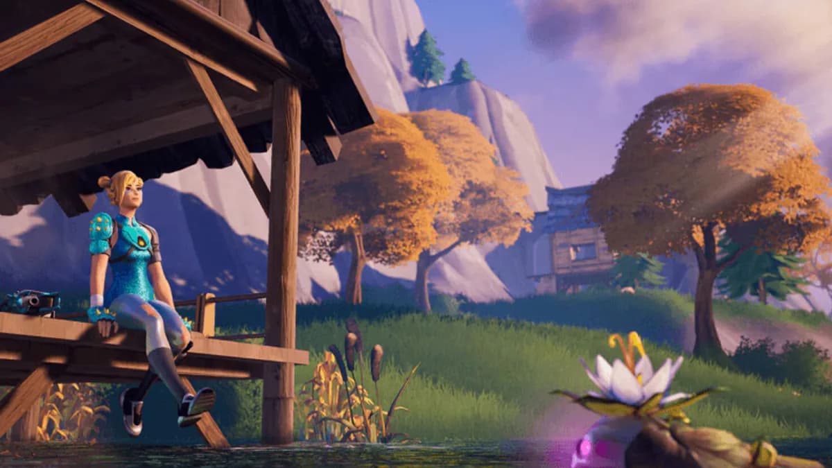 Personaje de Fortnite sentado junto a un embarcadero en un entorno tranquilo