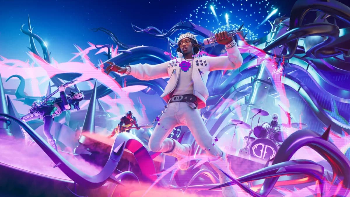 Personaje de Fortnite actuando sobre un escenario en el modo Festival