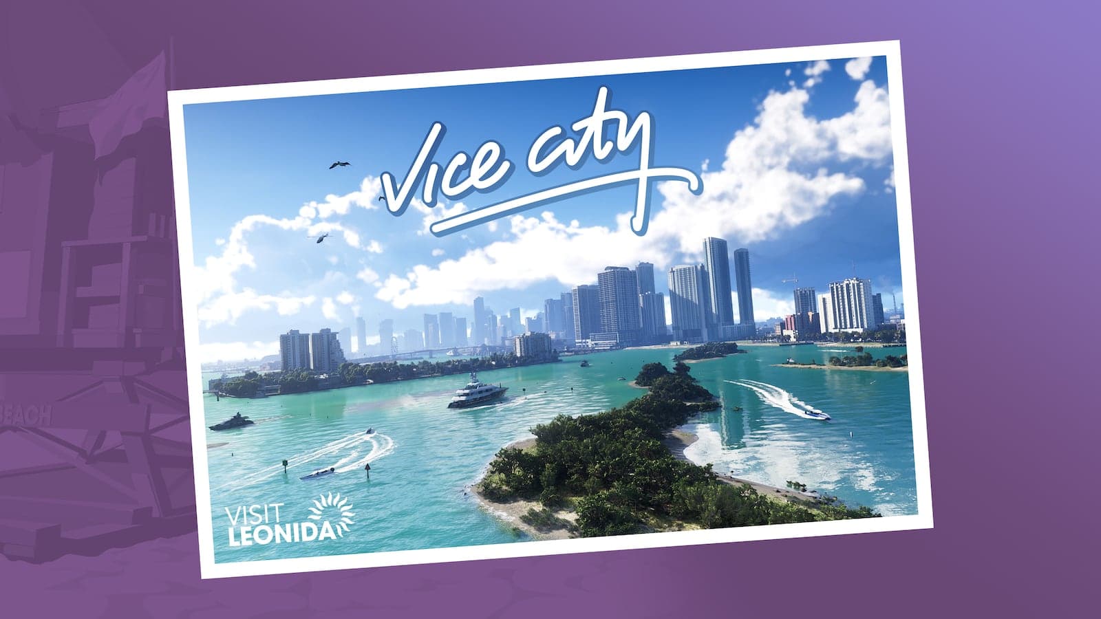 Postal oficial de Vice City, con el horizonte de la ciudad y el mar en primer plano
