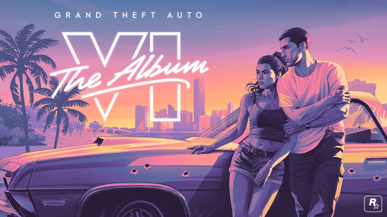 Portada oficial de Grand Theft Auto VI: The Album, con Jason y Lucia frente a un coche clásico en Vice City