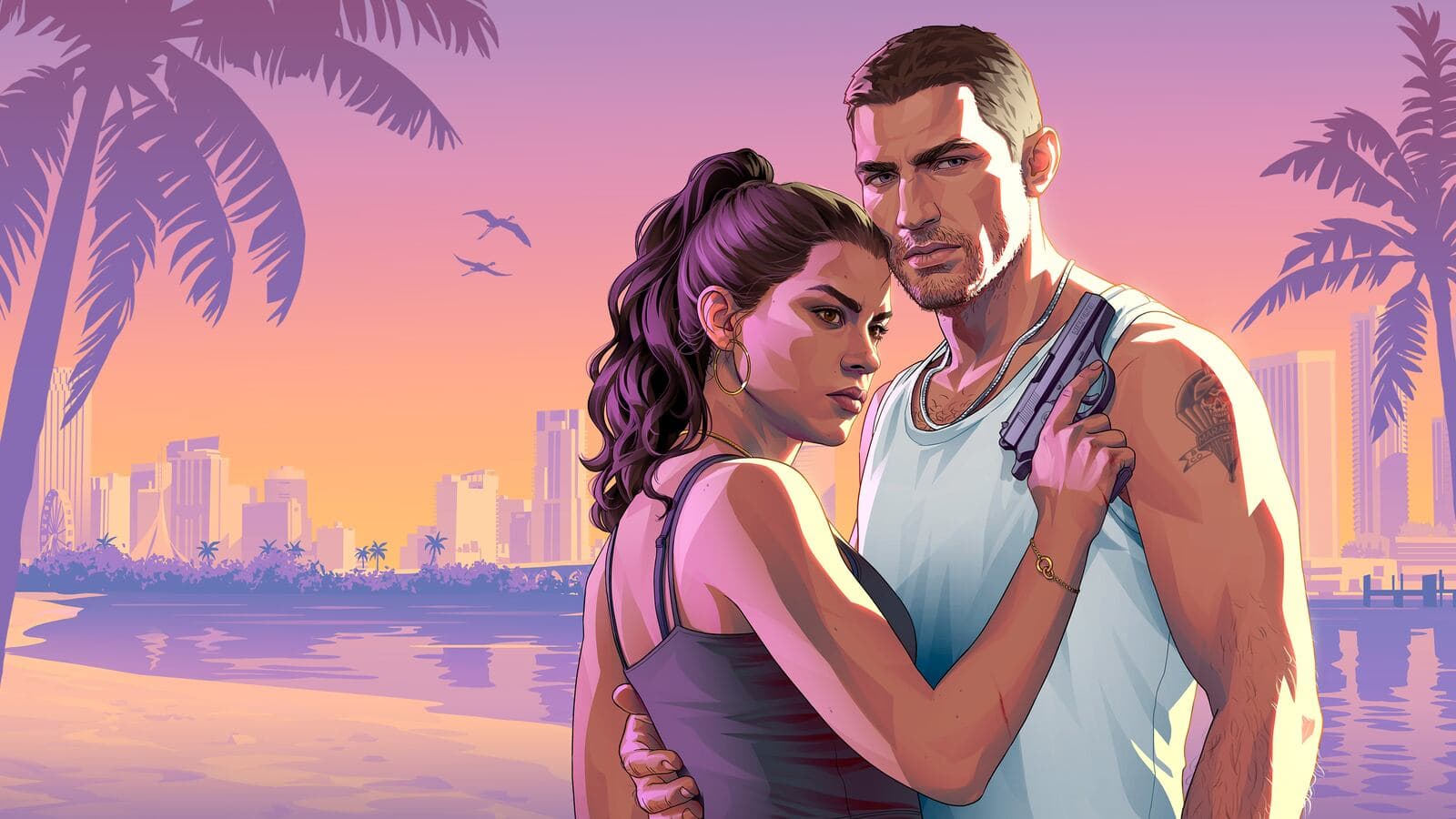 Jason y Lucia, los protagonistas de Grand Theft Auto VI, en una playa de Vice City al atardecer