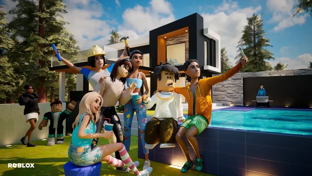 Grupo de avatares de Roblox reunidos junto a una piscina