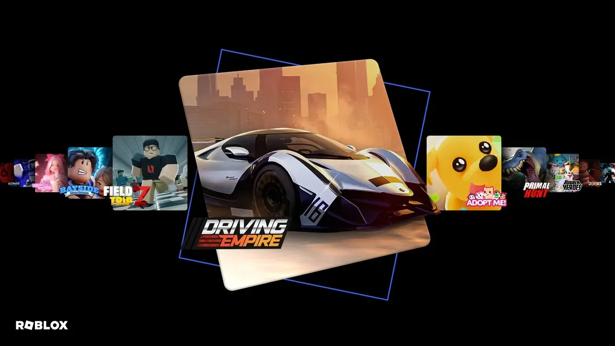 Mosaico de experiencias populares de Roblox, con Driving Empire en el centro