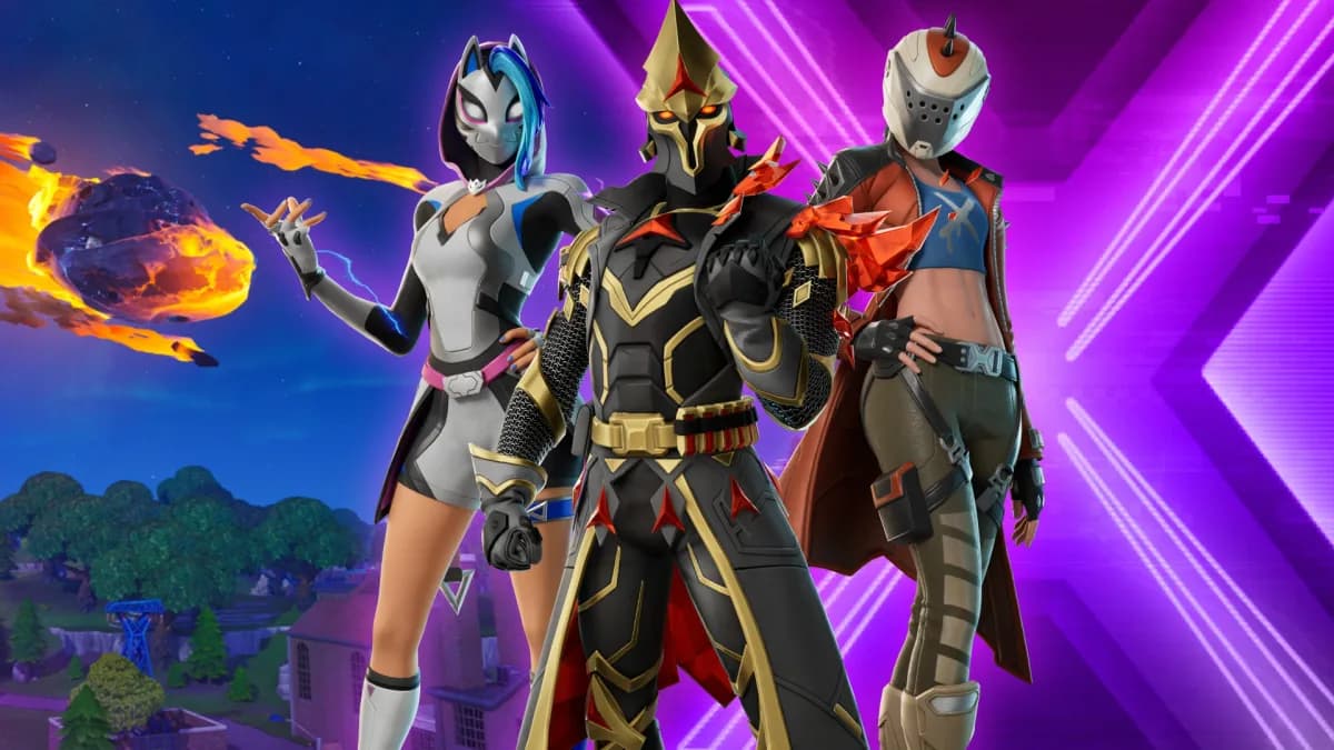 Tres personajes de Fortnite posando junto a una gran X luminosa, con un meteorito de fondo